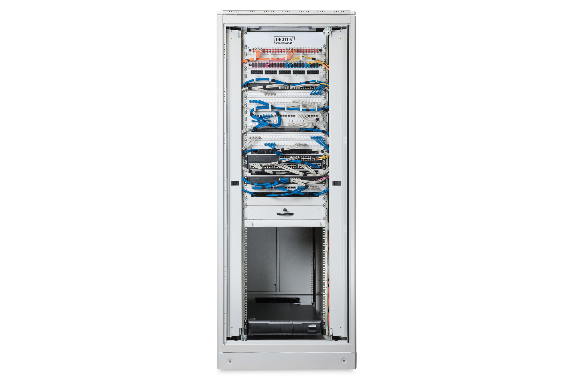 Netzwerk-Schrank, Serverrack, Patchpanels, Verkabelung, Rack-Innenraum