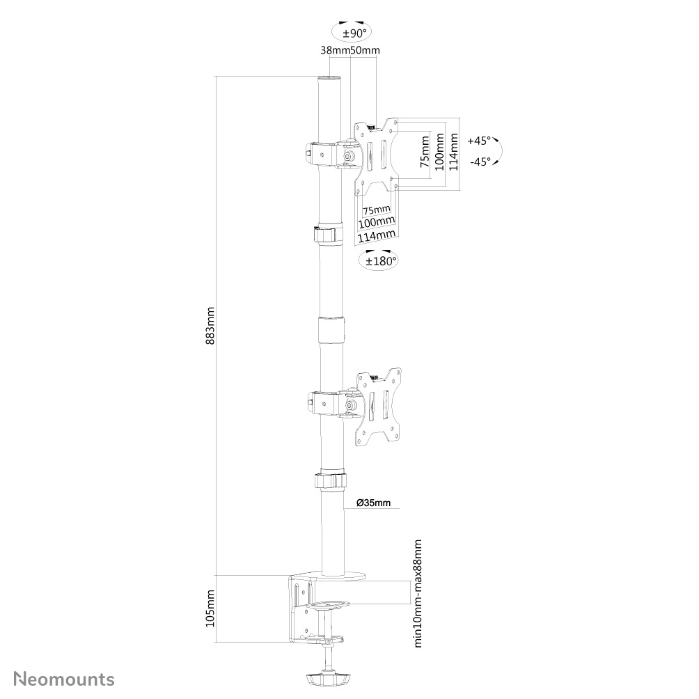 Neomounts Monitor-Tischhalterung - Klemme /Bolzen - 6 kg - 25,4 cm (10 Zoll) - 81,3 cm (32 Zoll) - 100 x 100 mm - Schwarz