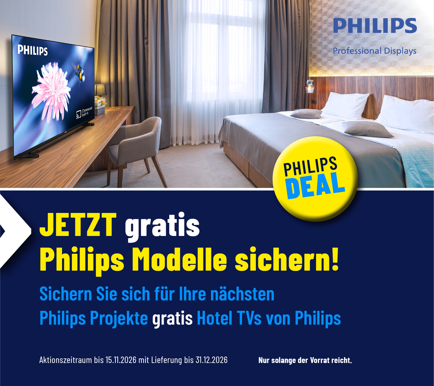 Hotelzimmer, LED-TV, King-Size-Bett, Bettwäsche, Philips-Display