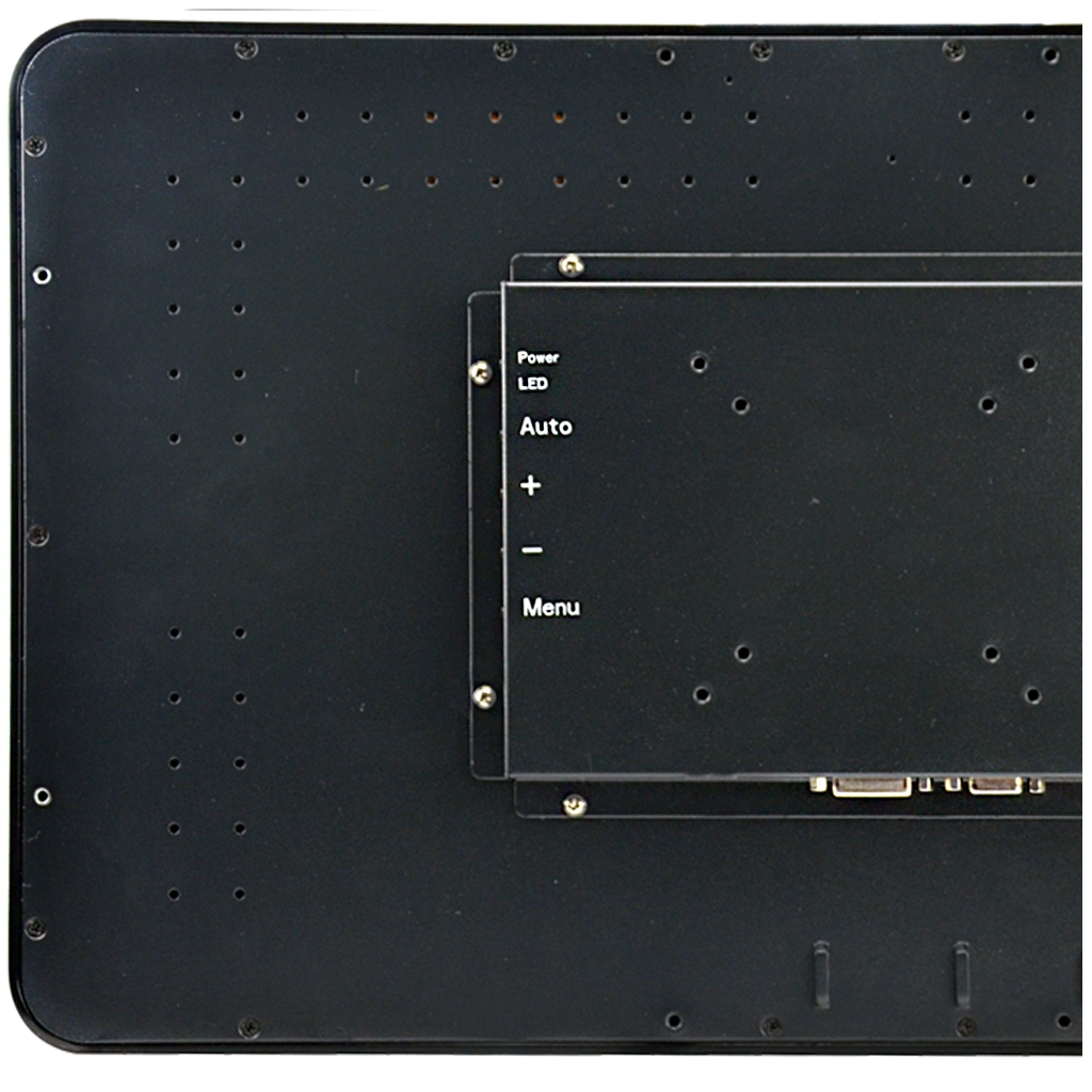 Monitor, schwarzes Gehäuse, VESA-Bohrungen, Bedientasten, Anschlüsse