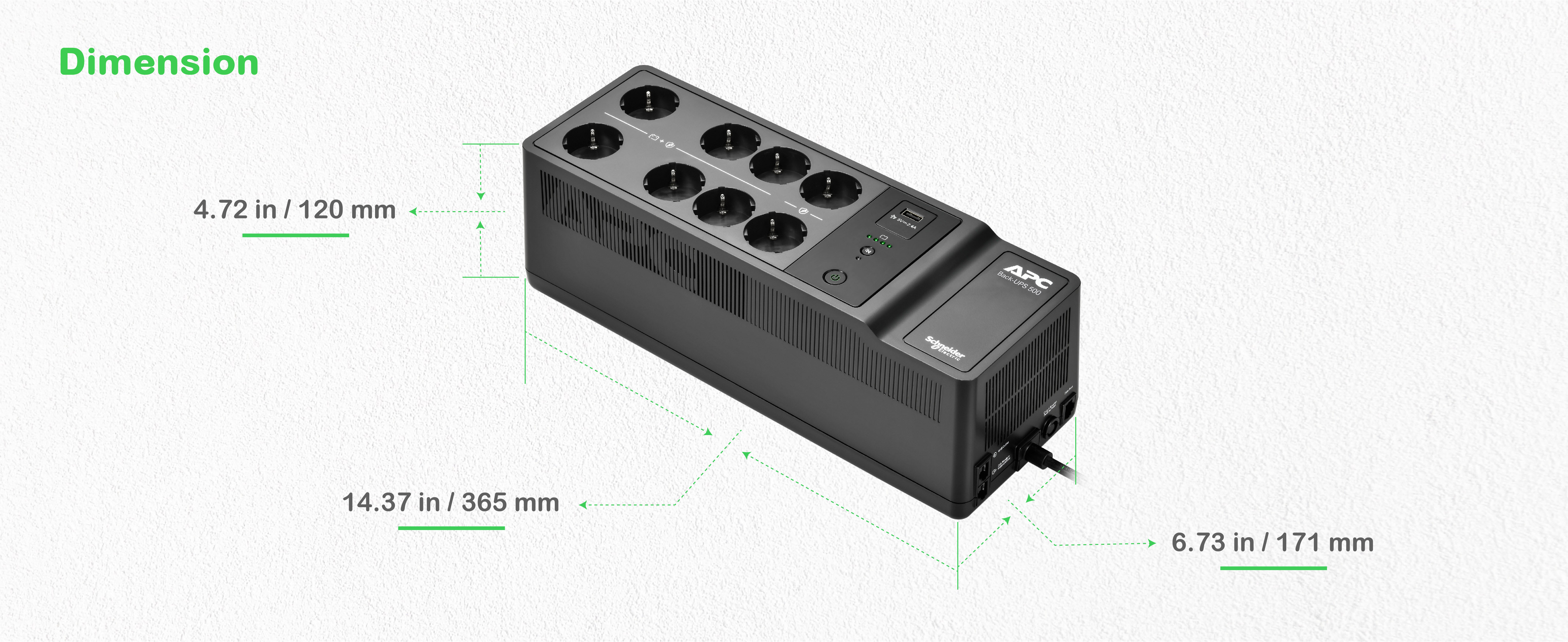 APC BE500G2-GR - APC Back-UPS, 500VA/300W Boden-/Wandmontage, 230V, 8x CEE 7/3 Schuko, USB Typ A