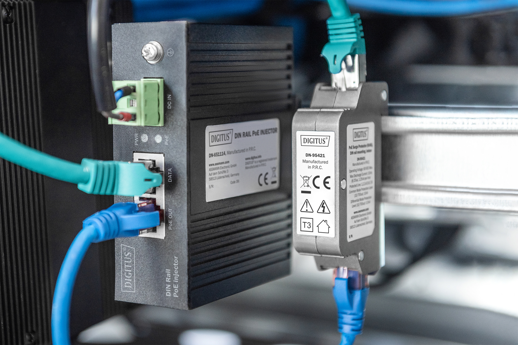 DIN-Bahn, PoE-Injektor, Ethernet, RJ45, LED-Anzeige