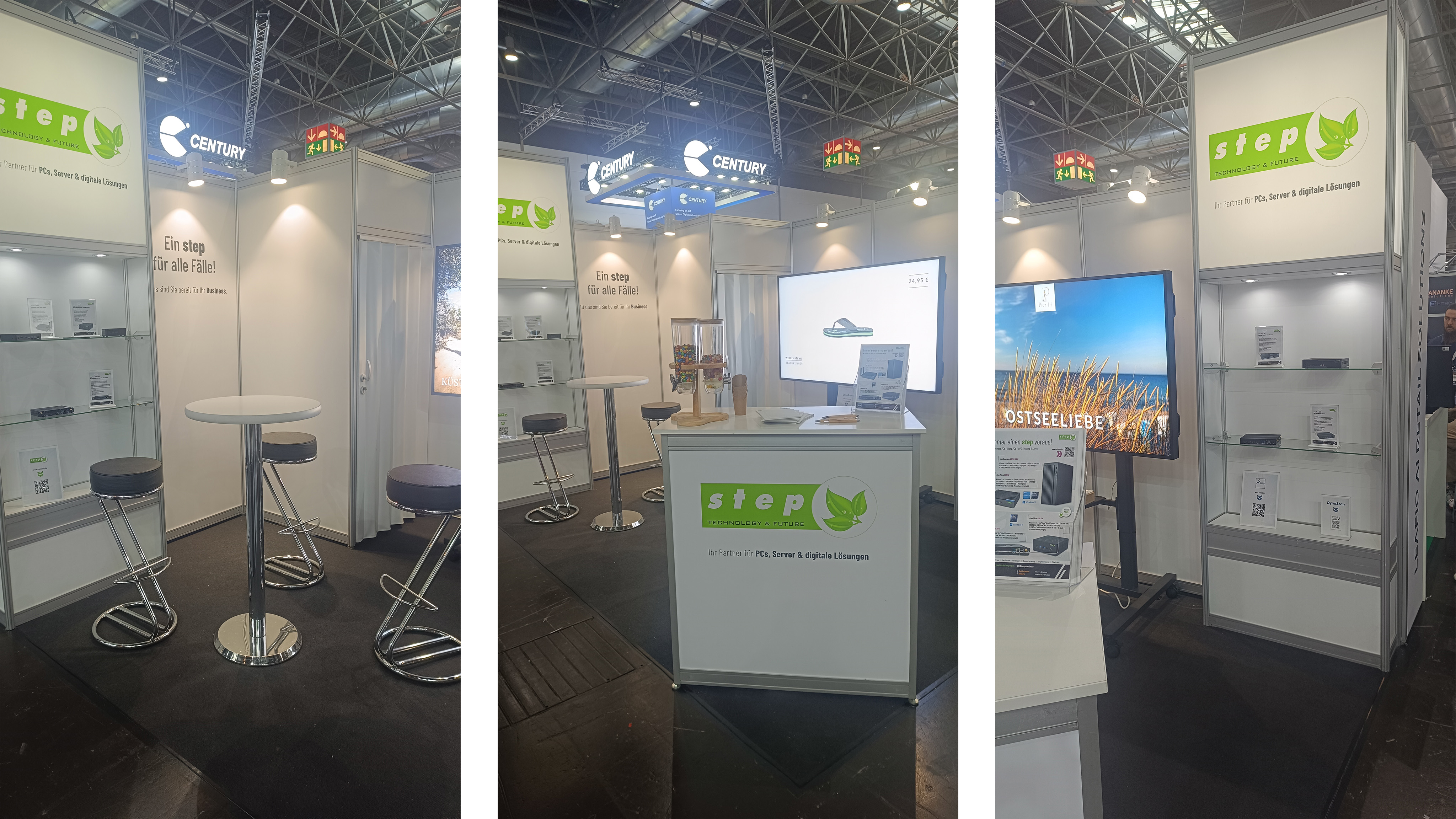 messe-stand, aussteller, stehpult, monitor-display, promo-maßnahme