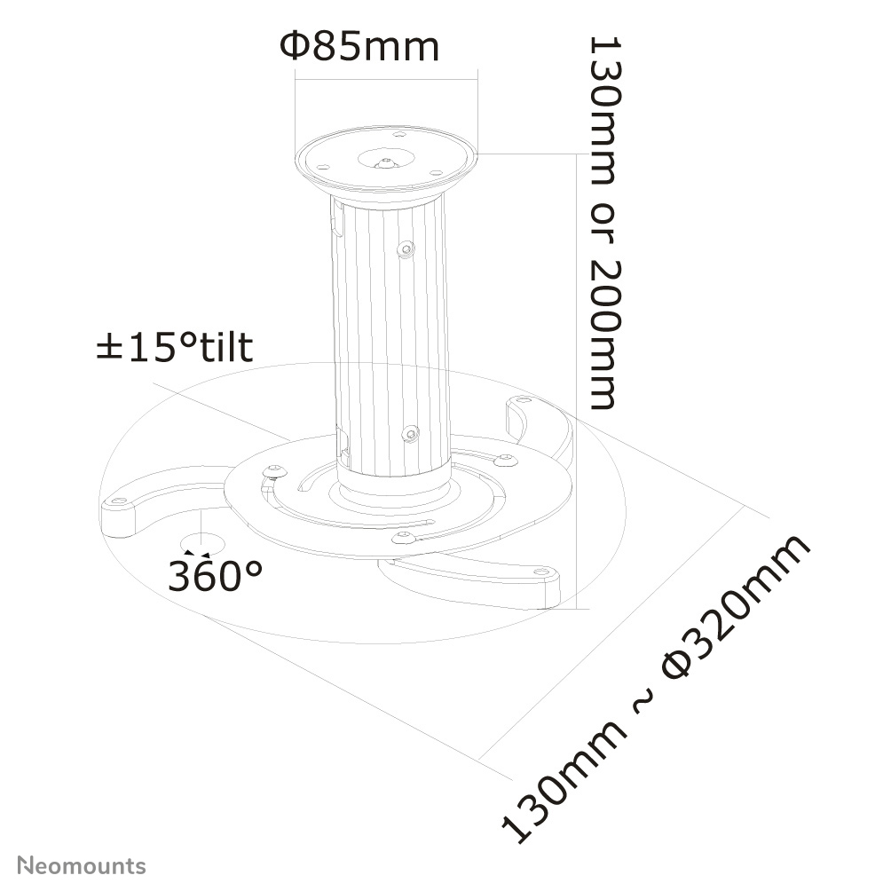 Neomounts Projektor Deckenhalterung - Zimmerdecke - 15 kg - Silber - Manuell - 80 - 150 mm - 360 Grad 