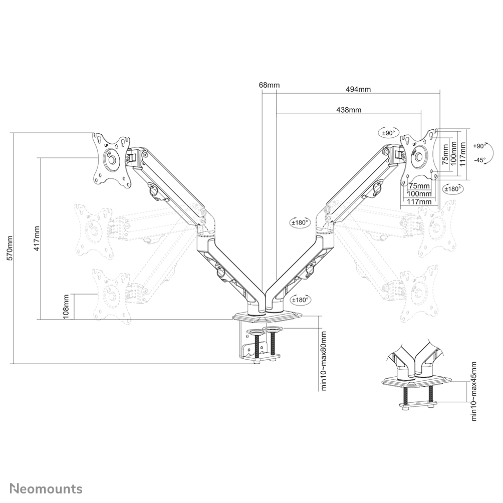Neomounts Monitor-Tischhalterung - Klemme /Bolzen - 7 kg - 43,2 cm (17 Zoll) - 68,6 cm (27 Zoll) - 100 x 100 mm - Schwarz