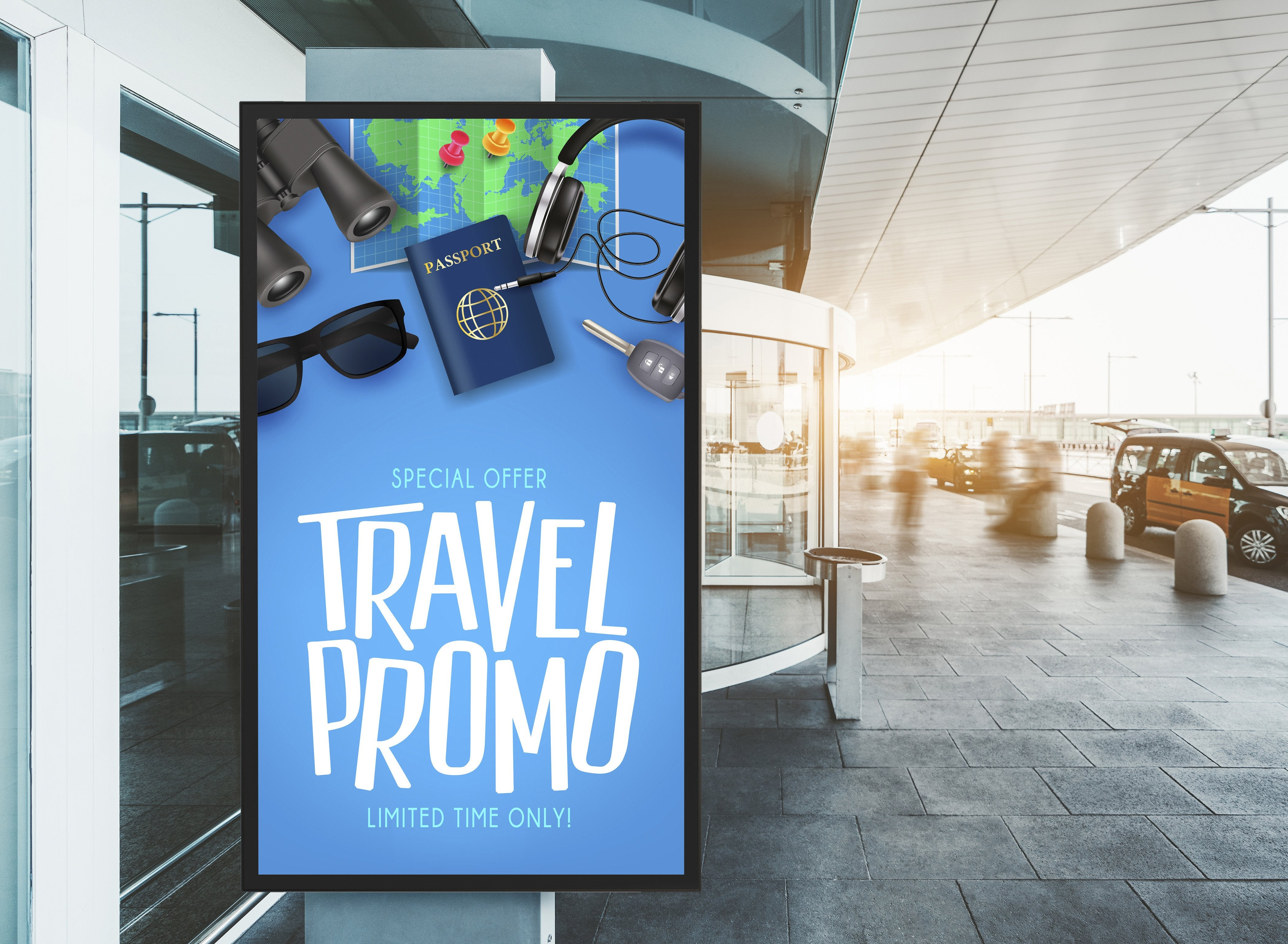 Travel Promo, Poster, Reisepass, Kopfhörer, Sonnenbrille