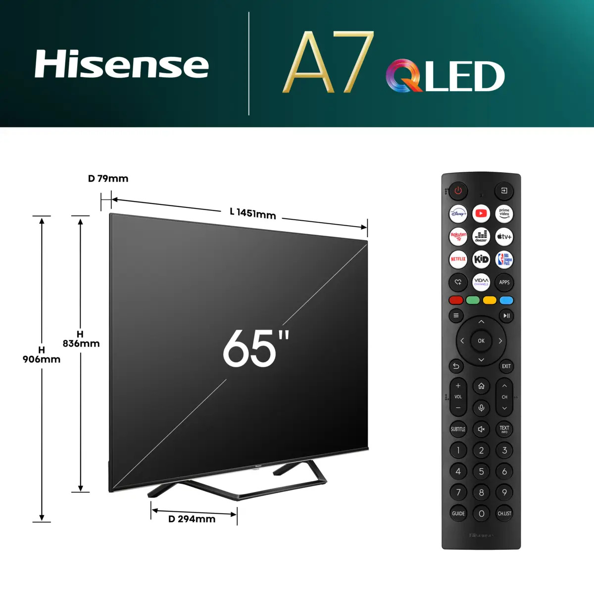65-Zoll-Fernseher, QLED, Hisense, schwarzer Fernseher, Fernbedienung