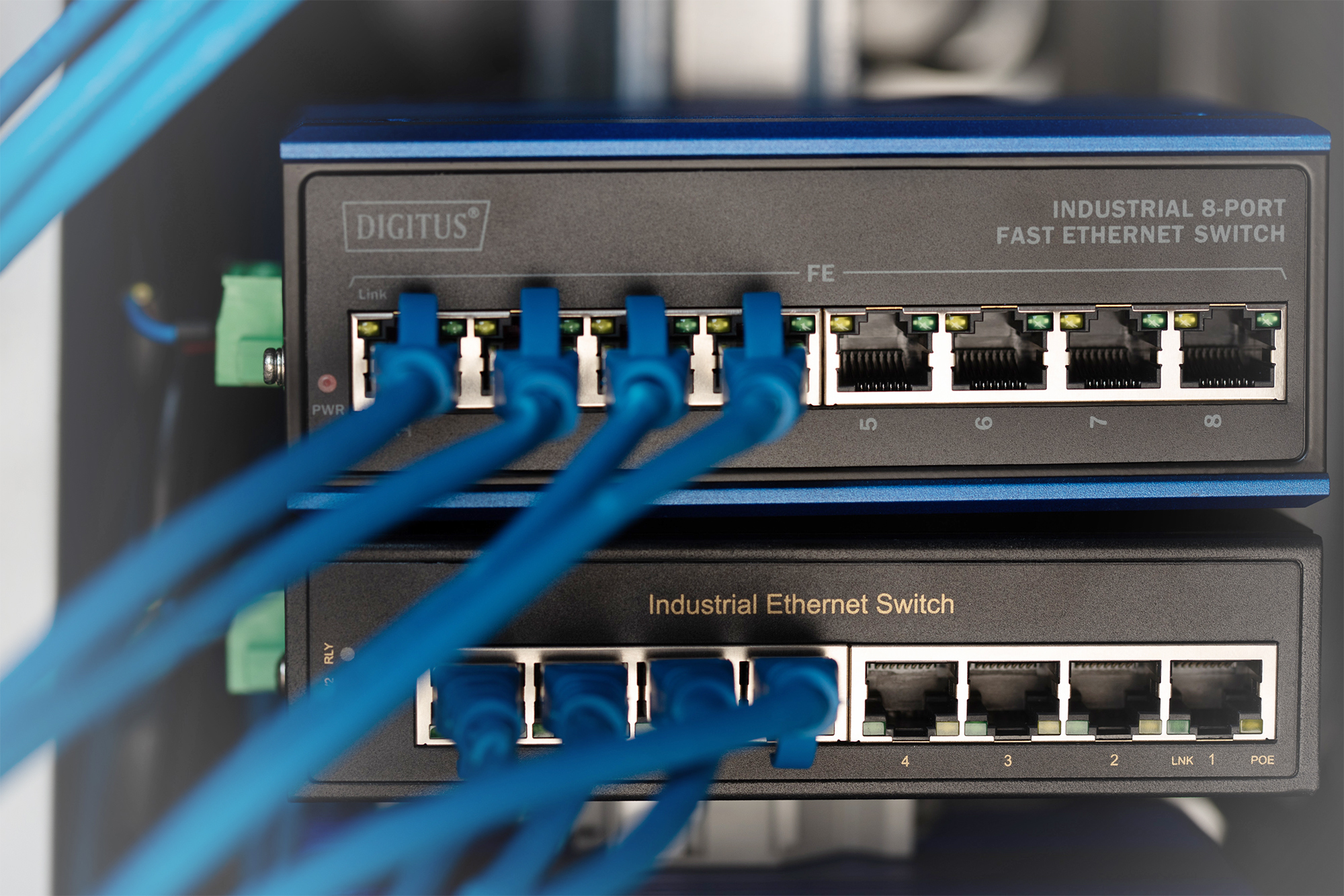 industrialischer switch, ethernet-switch, 8-port, RJ-45, blaues gehäuse