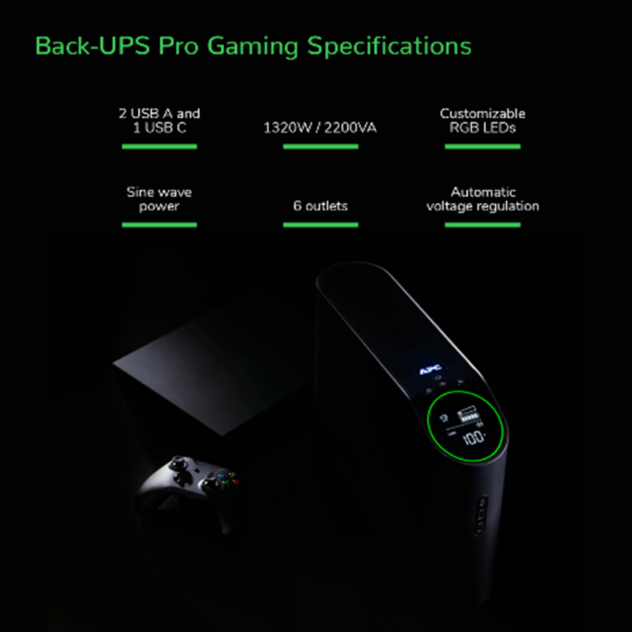 APC Back-UPS Pro 2200VA for Gaming, 230V, Pure Sinewave, LCD, Black, Schuko
