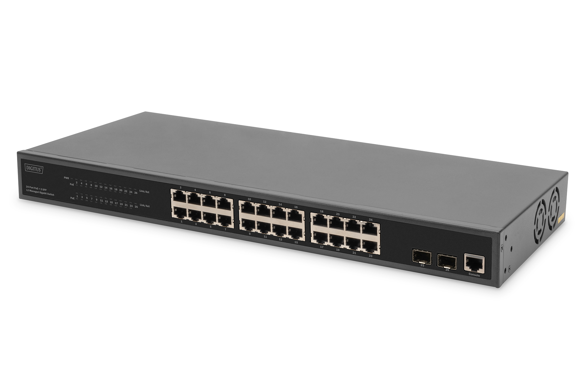 DIGITUS DN-95359 24-Port Gigabit PoE Netzwerkswitch,19 Zoll, L2 managed, 2 Uplink Ports, SFP, 430 W, af/at DIGITUS DN-95359 24-Port Gigabit PoE Netzwerkswitch,19 Zoll, L2 managed, 2 Uplink Ports, SFP, 430 W, af/at