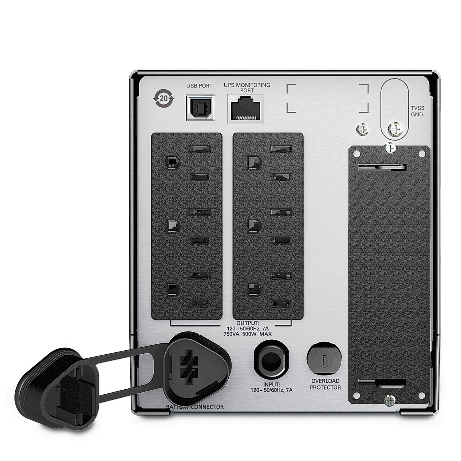 Power supply, UPS Rückseite, Stromversorgung, Silbermetall, Batterieanschluss