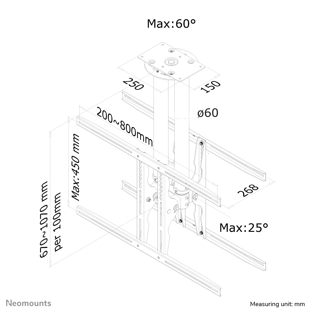 Neomounts Monitor-Deckenhalterung - 50 kg - 94 cm (37") - 190,5 cm (75") - 200 x 200 mm - 800 x 450 mm - 670 - 1070 mm