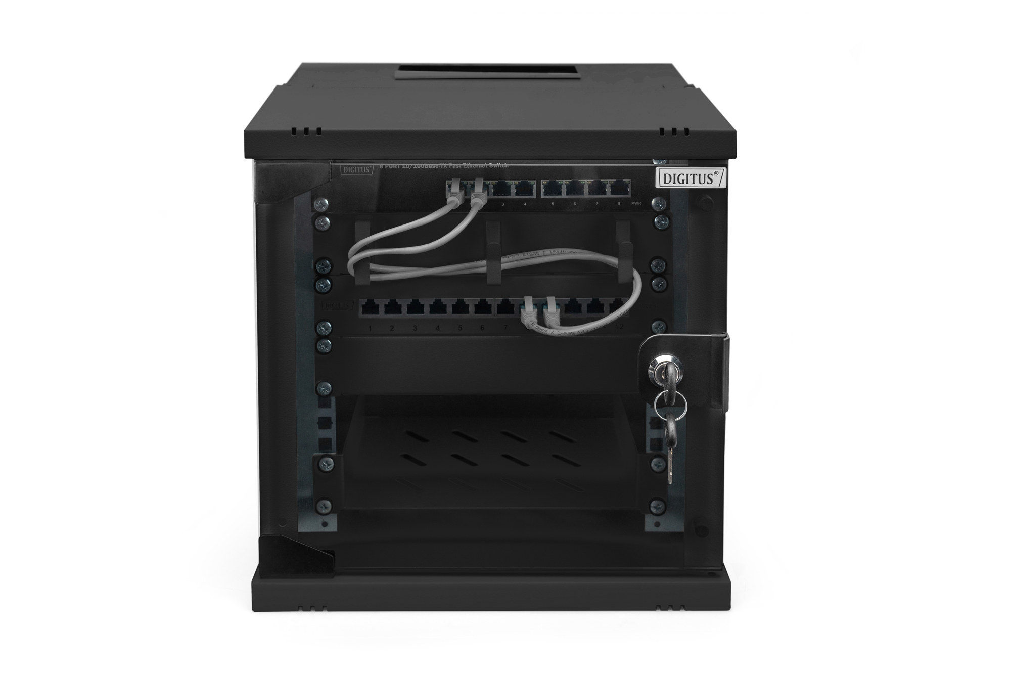 Netzwerk-Switch, Rack-Einheit, Ethernet-Switch, Gerätefront, Sicherungsschloss