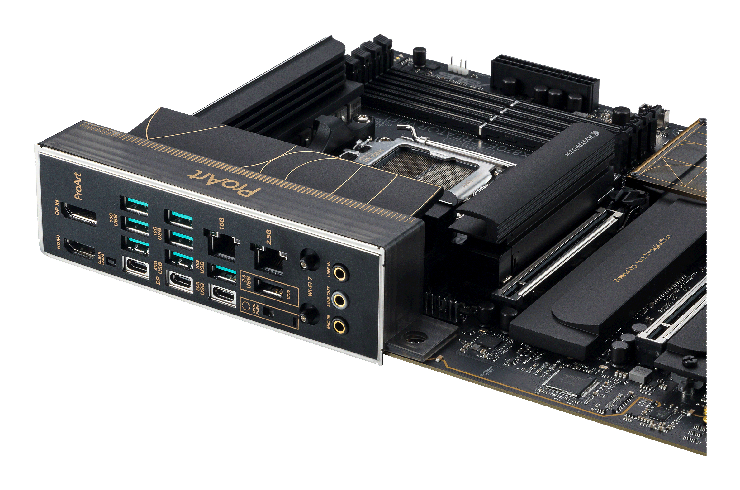 Mainboard, AM5-Sockel, schwarze Platine, M.2-Kühlkörper, Wi-Fi 7