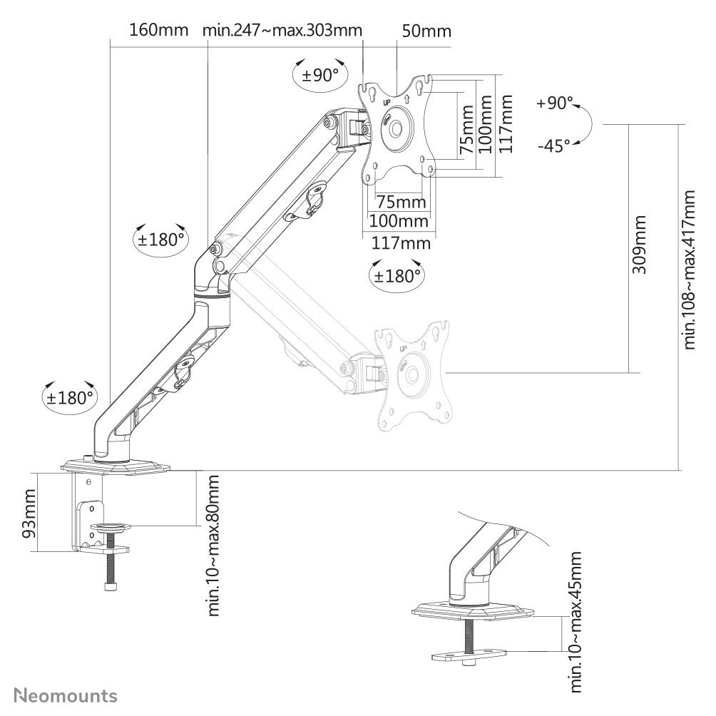 Neomounts Monitor-Tischhalterung - Klemme /Bolzen - 7 kg - 43,2 cm (17 Zoll) - 68,6 cm (27 Zoll) - 100 x 100 mm - Schwarz