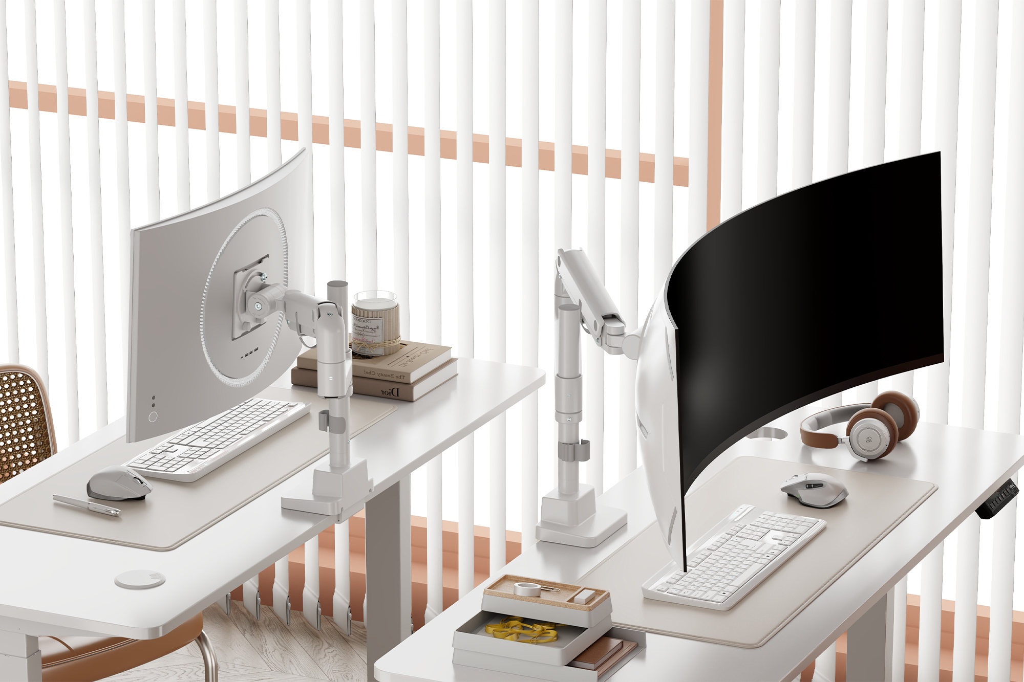 Monitor, Schreibtisch-Setup, Curved Monitor, Kopfhörer, Bürozubehör