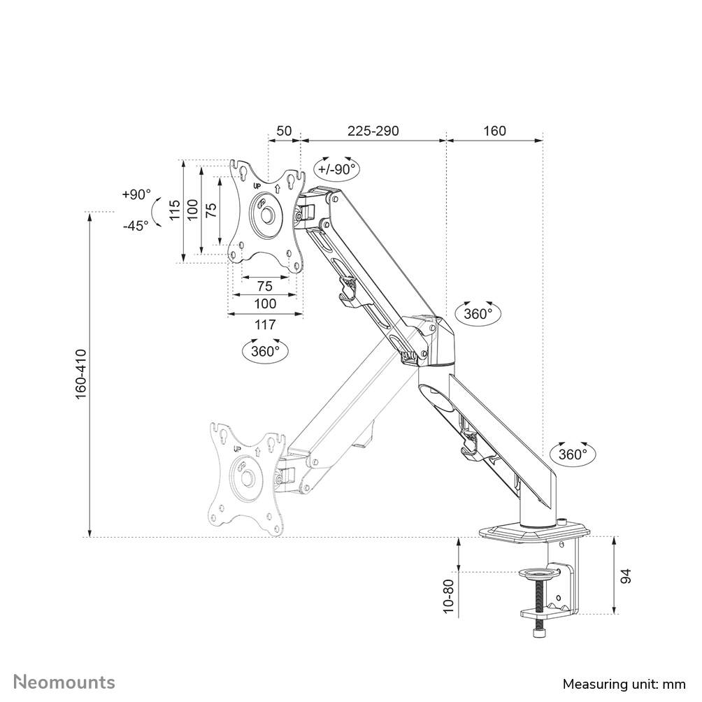 Neomounts Monitor-Tischhalterung - Klemme - 7 kg - 43,2 cm (17 Zoll) - 68,6 cm (27 Zoll) - 100 x 100 mm - Schwarz