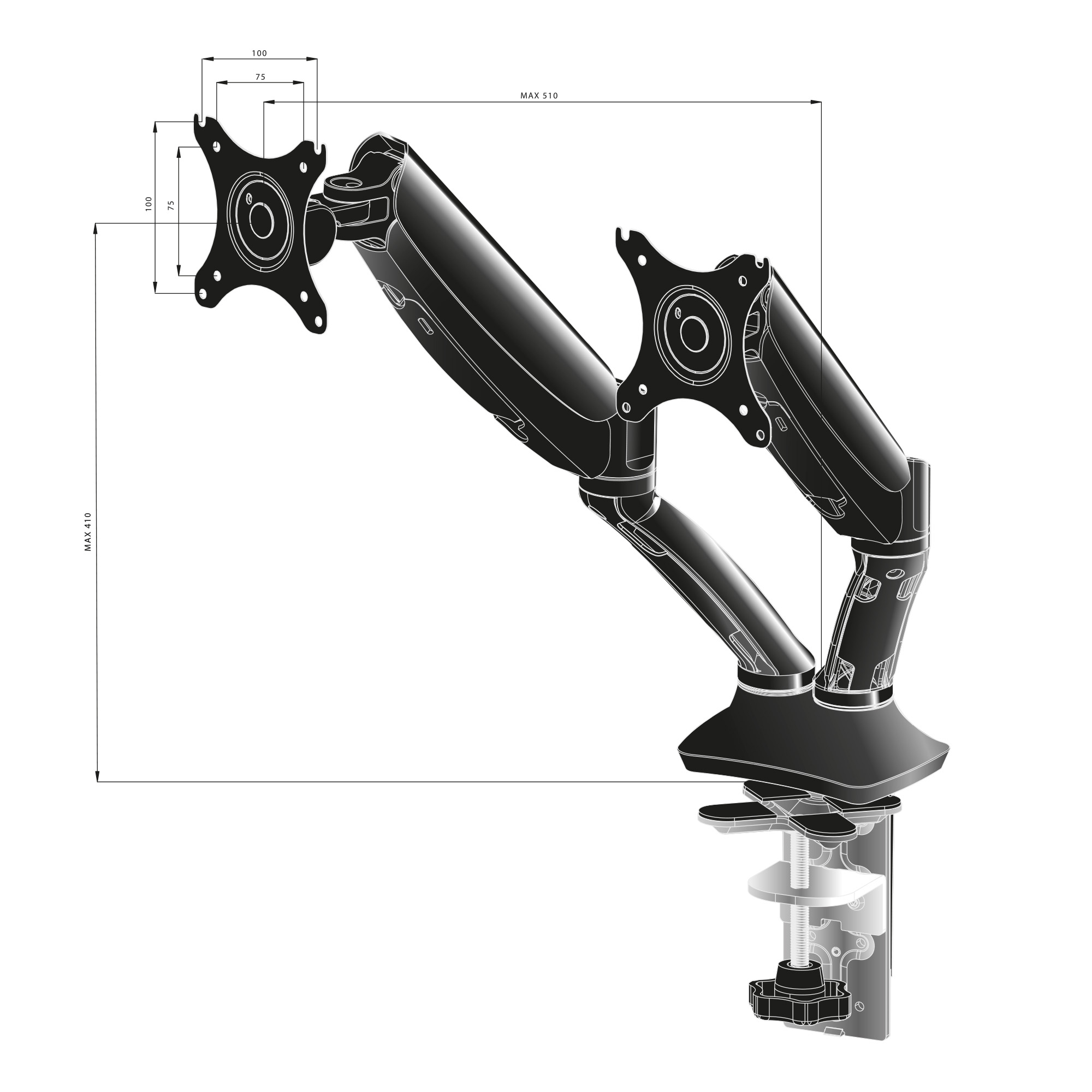 monitorarm, dualarm, gastianh, deskarm, monitoreblatt