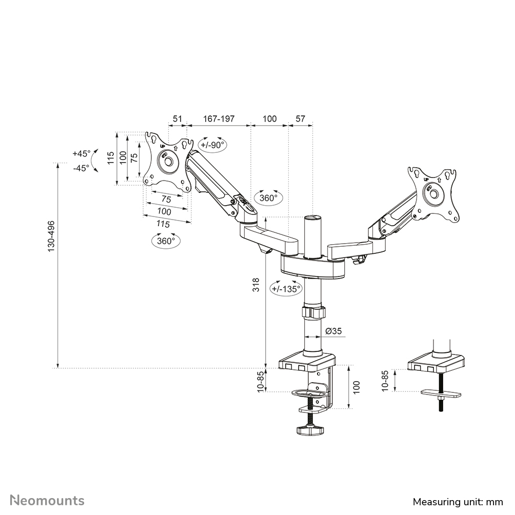 Neomounts Monitor-Tischhalterung - Klemme /Bolzen - 7 kg - 43,2 cm (17 Zoll) - 68,6 cm (27 Zoll) - 100 x 100 mm - Schwarz