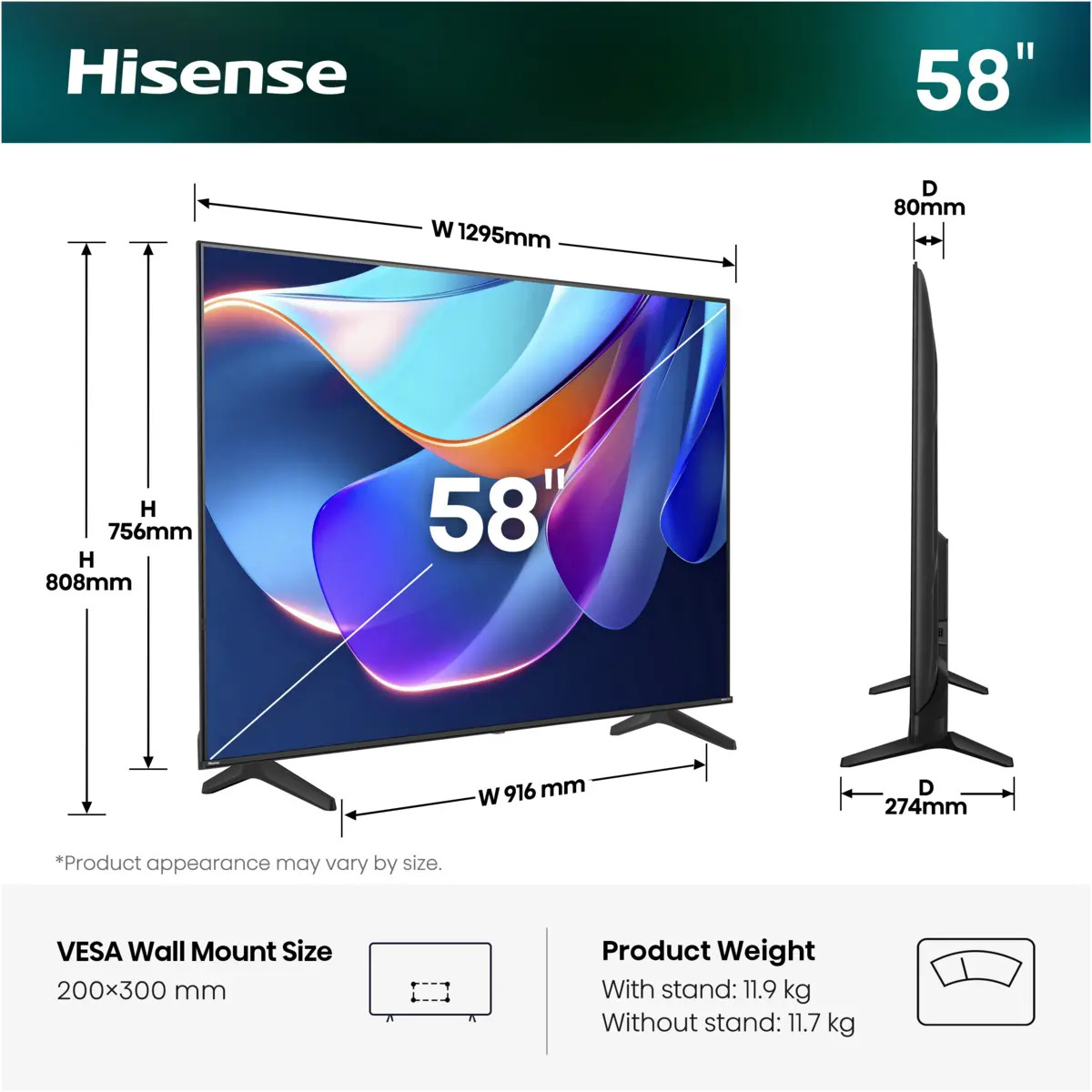 Fernseher, 58 Zoll, Flachbildschirm, schwarzer Rahmen, VESA-Wandhalterung