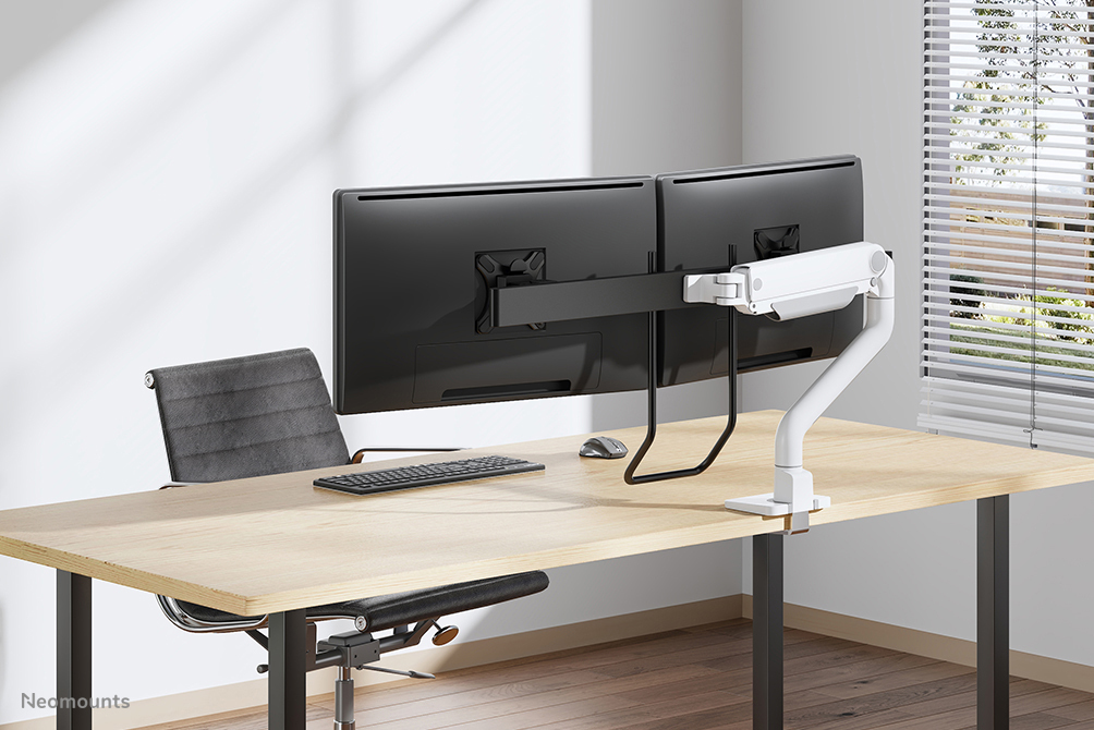 office, desk, dual monitor, monitor arm, ergonomic