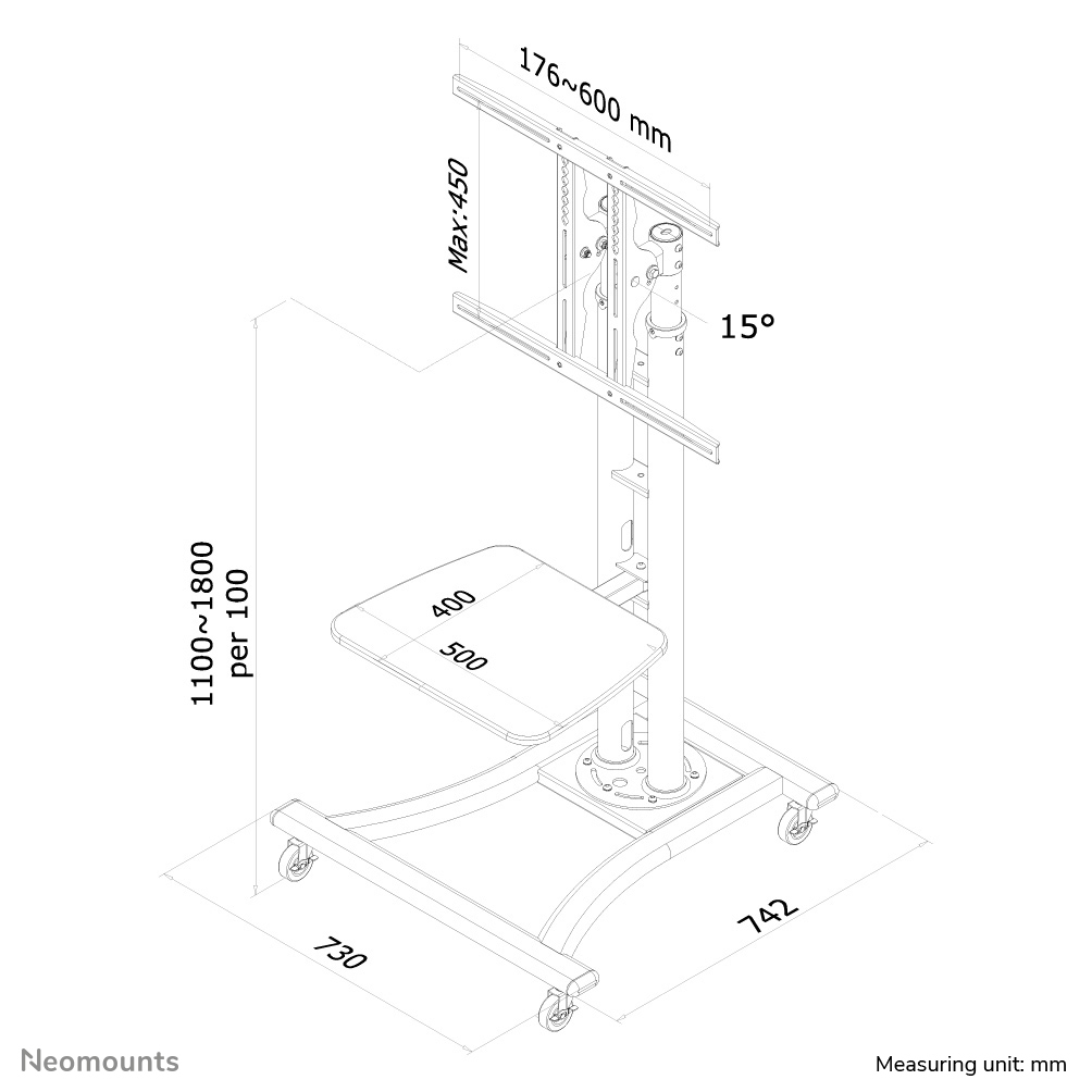 Neomounts Mobiler Flachbild Ständer - 50 kg - 68,6 cm (27") - 177,8 cm (70") - 200 x 200 mm - 600 x 450 mm - 1100 - 1800 mm