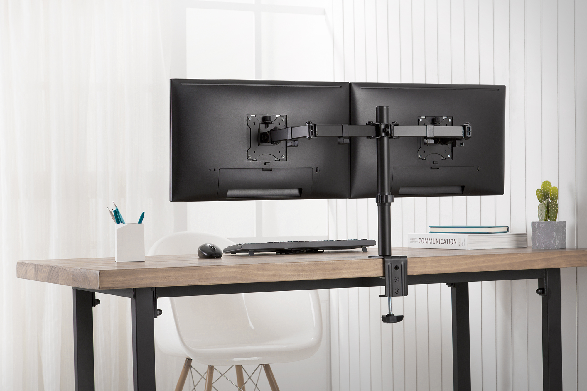 monitorhalterung, dual-monitor-arm, schreibtisch-setup, verstellbar, schwarz