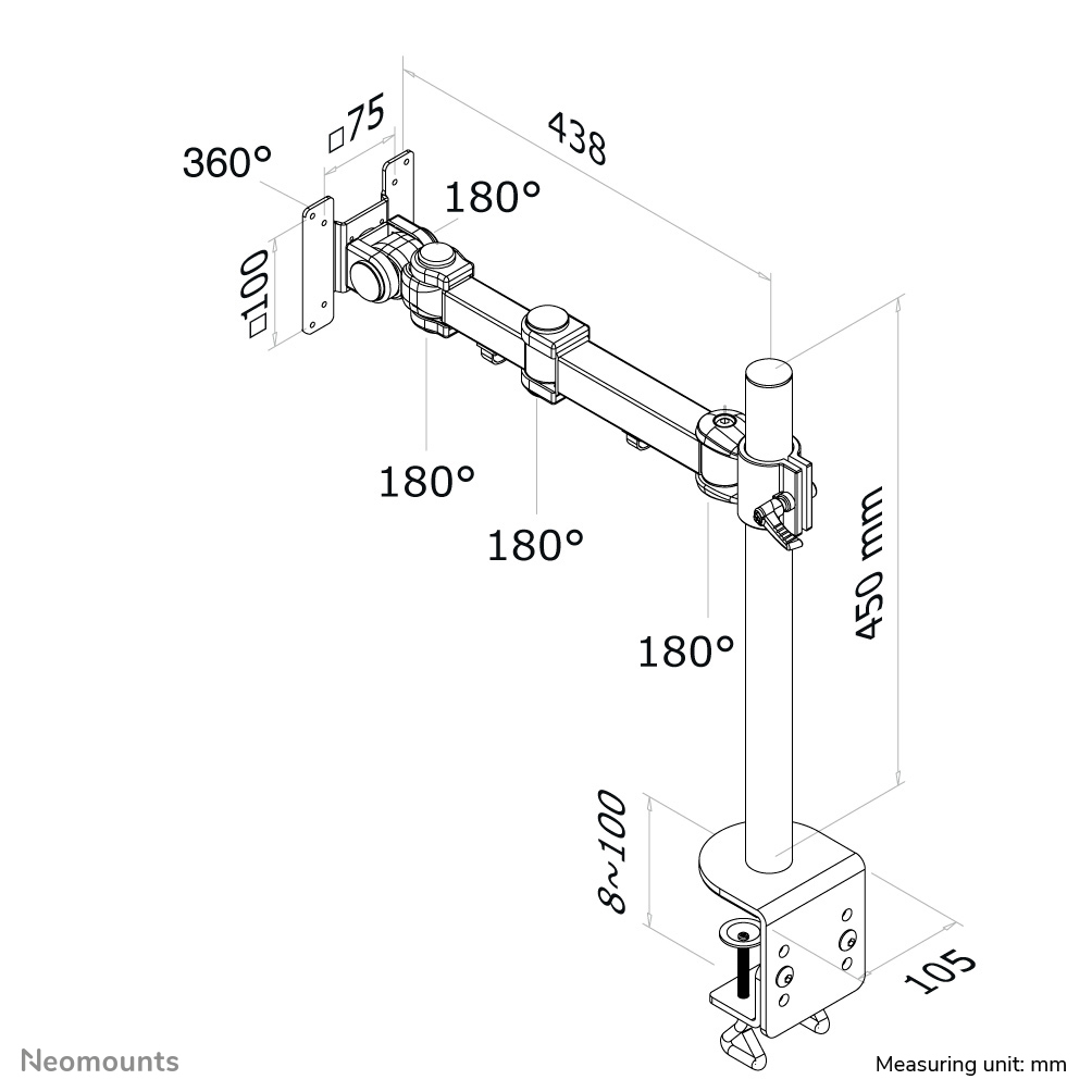 Neomounts Monitor-Tischhalterung - Klemme - 10 kg - 25,4 cm (10 Zoll) - 76,2 cm (30 Zoll) - 100 x 100 mm - Schwarz