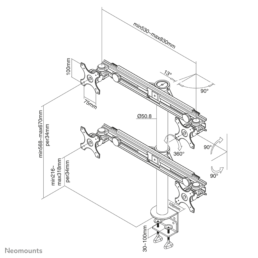 Neomounts Monitor-Tischhalterung - Klemme - 8 kg - 48,3 cm (19 Zoll) - 76,2 cm (30 Zoll) - 100 x 100 mm - Schwarz
