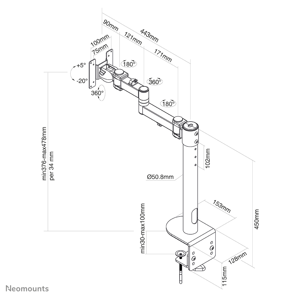 Neomounts Tischhalterung für Curved Monitore - Klemme - 20 kg - 25,4 cm (10") - 124,5 cm (49") - 100 x 100 mm - Schwarz