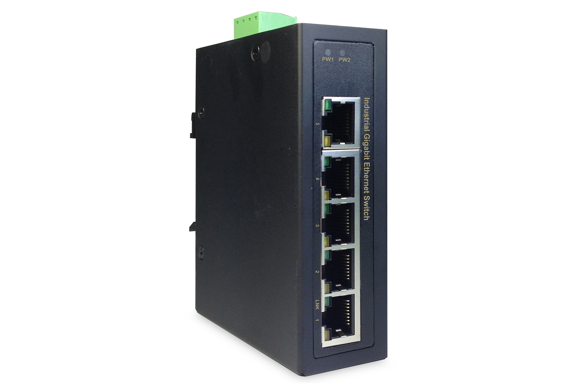 Industrieller Switch,  Ethernet-Switch, RJ-45anschlüsse, schwarzes Gehäuse, ohne sichtbare Marke