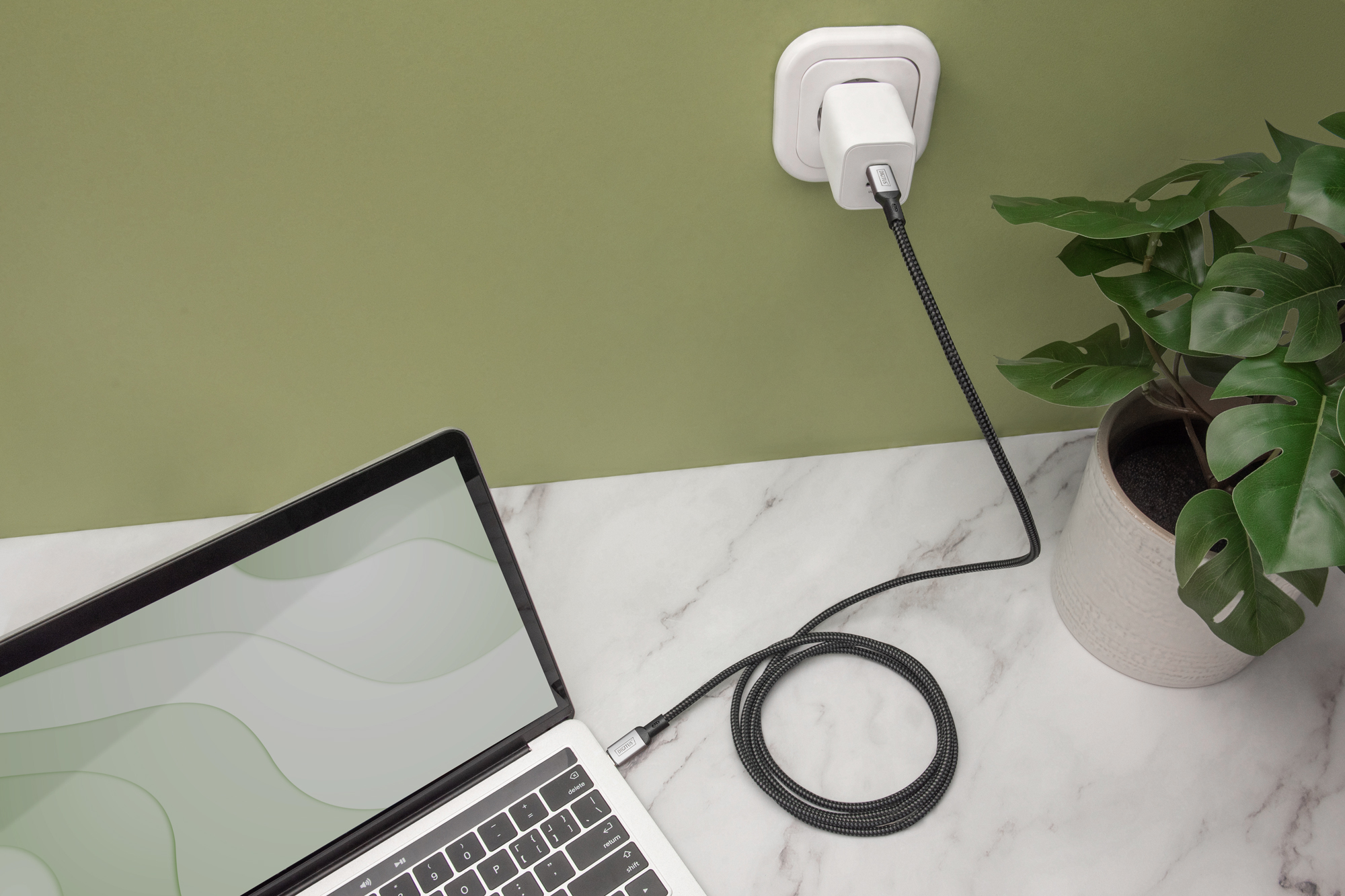Laptop, Docking-Kabel, USB-C, Schreibtischpflanze, Steckdosenleiste