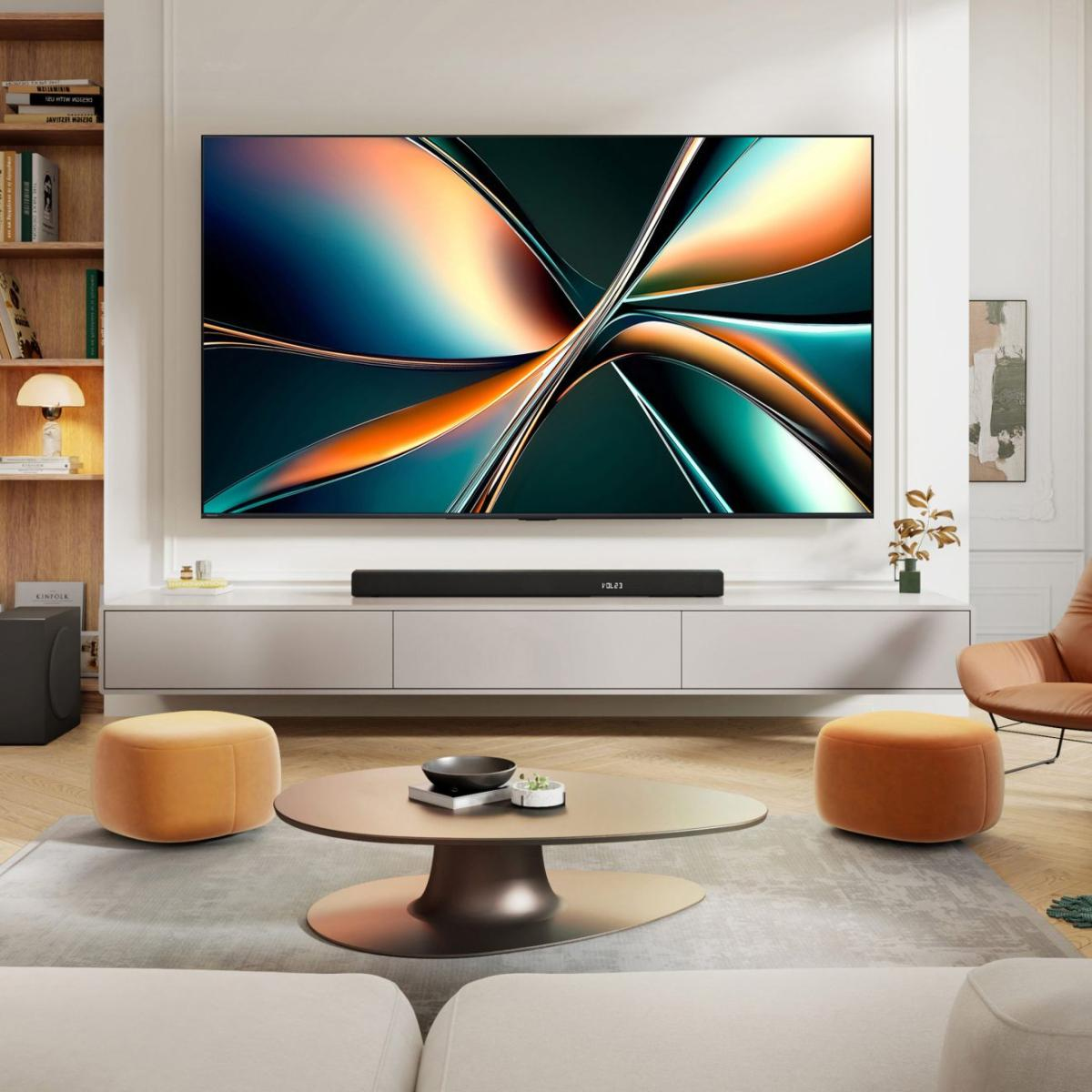 Fernseher, Flacher Bildschirm, Wandmontage, Soundbar, Wohnzimmer-Deko