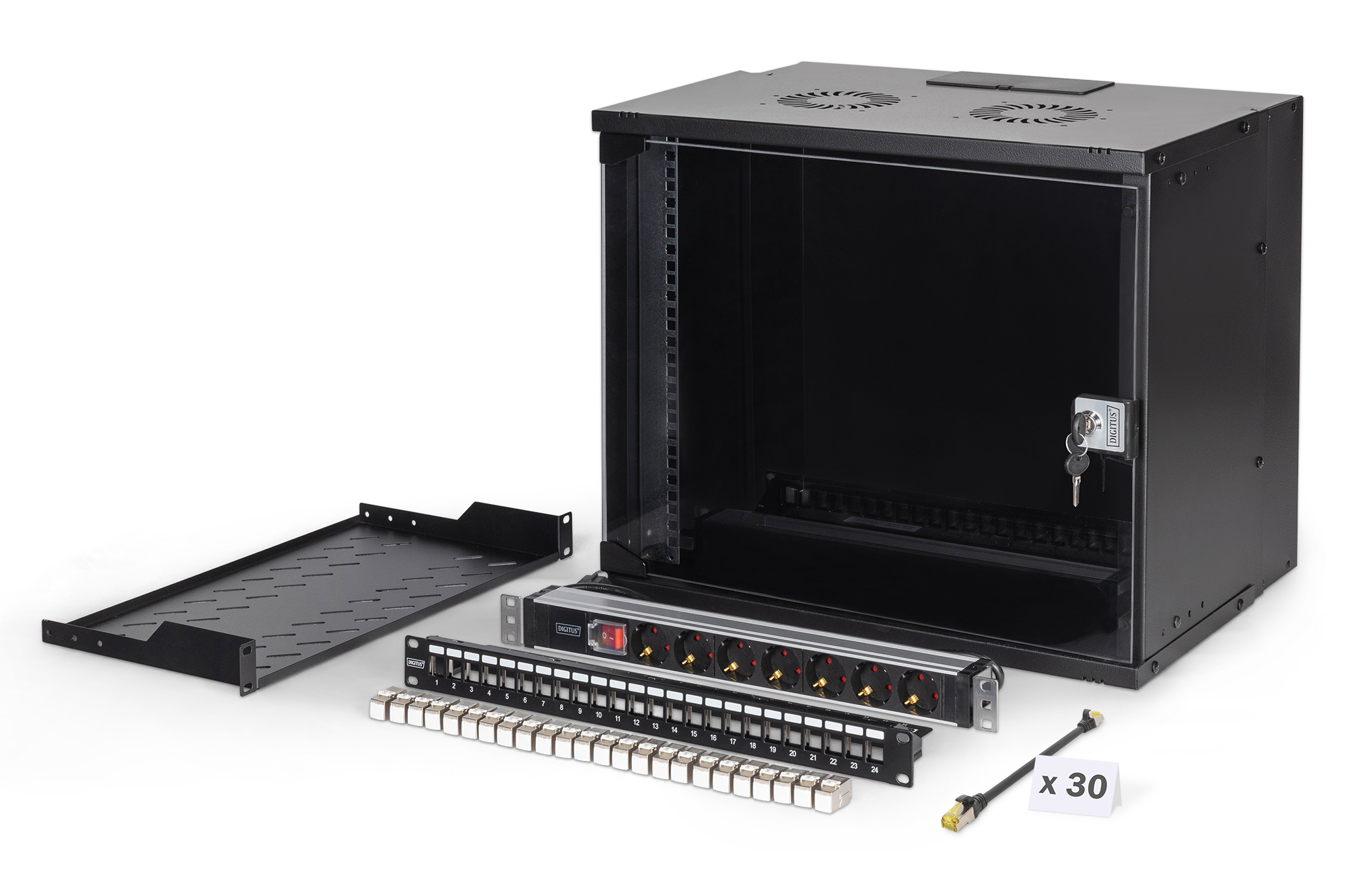 Serverrack, Rackschrank, Steckdosenleiste, Patchpanel, Schloss