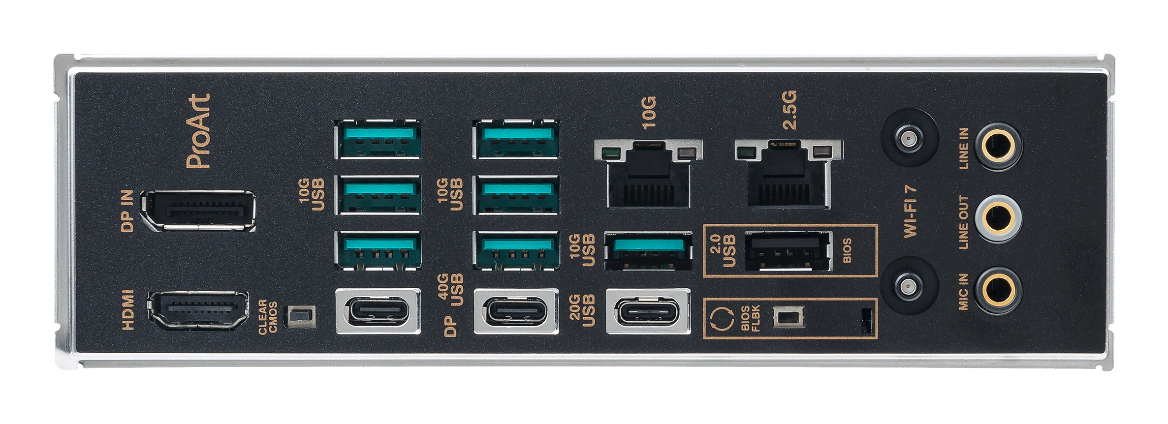 Mainboard-Anschlussblende, USB-Anschlüsse, HDMI-Anschluss, DisplayPort-Anschlüsse, Audioanschlüsse
