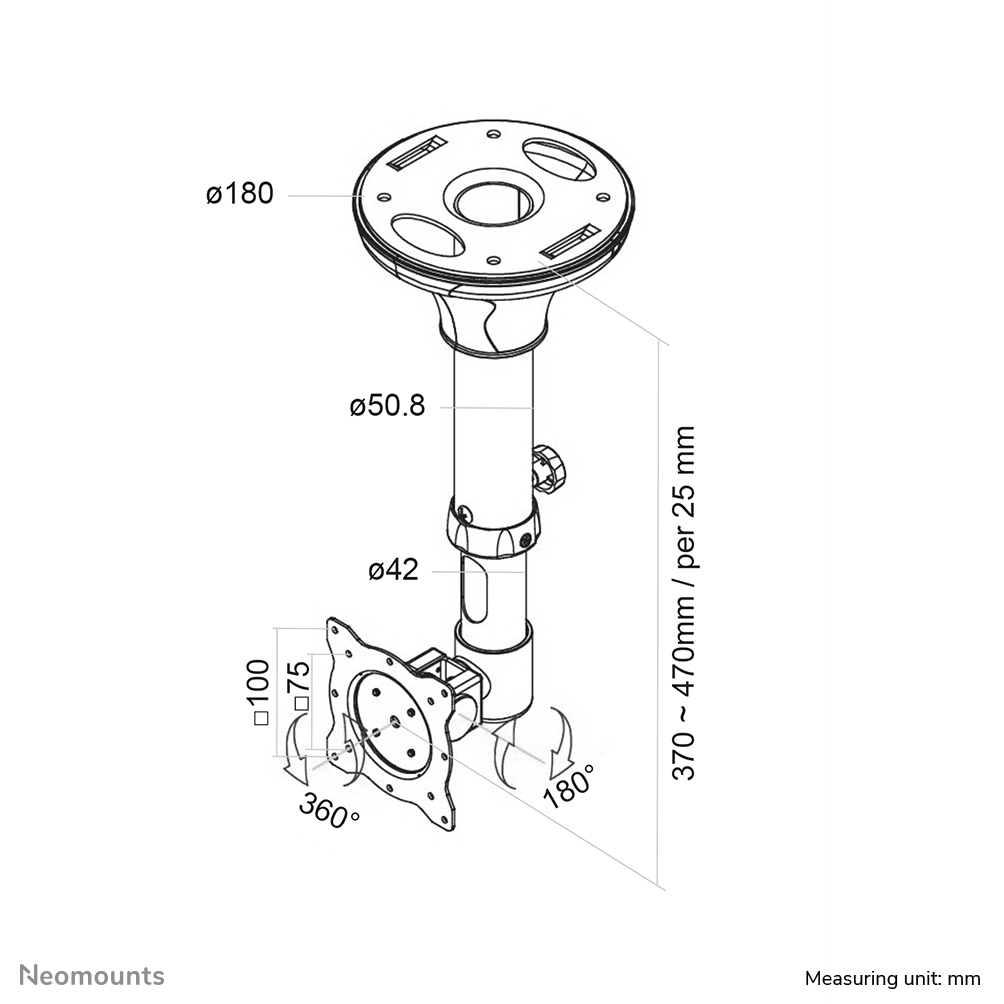 Neomounts Monitor-Deckenhalterung - 12 kg - 25,4 cm (10") - 76,2 cm (30") - 75 x 75 mm - 100 x 100 mm - 370 - 470 mm