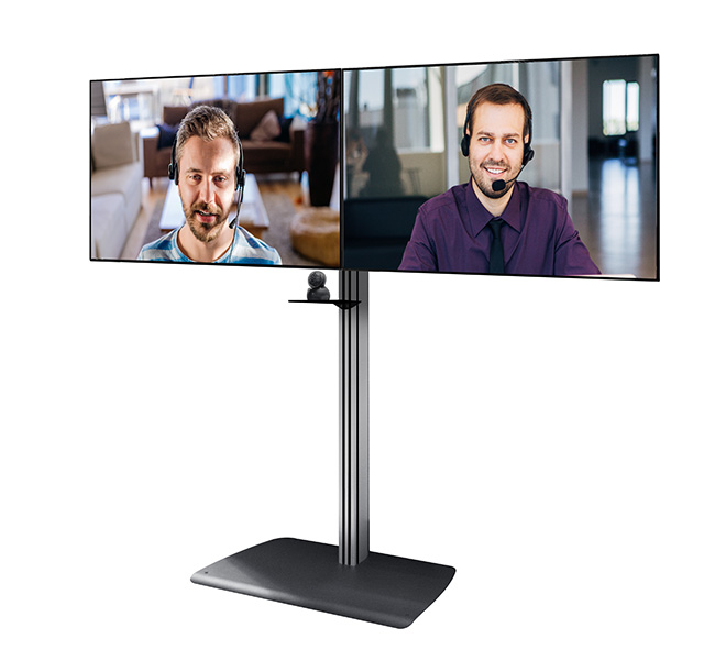B-TECH SystemX Videokonferenz Standfuß für Dual-Diplays nebeneinander mit Kameraablage (VESA 600 x 400) - 1.8m