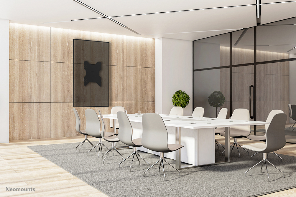 meeting room, conference table, office chairs, glass wall, wood paneling