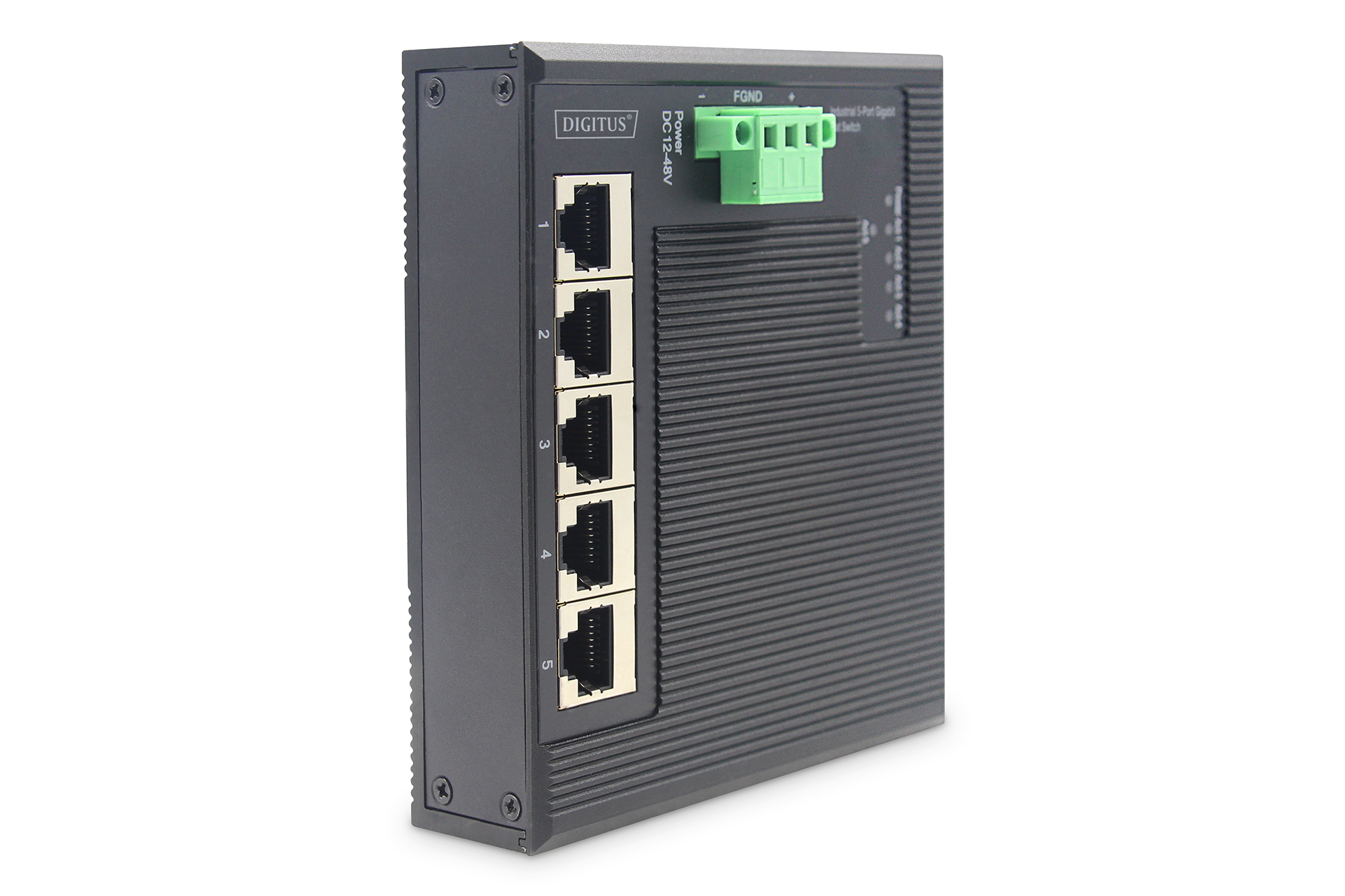 Industrial Ethernet Switch, 5-Port Switch, RJ45 Ports, DIN Rail Mount, Green Terminal Block