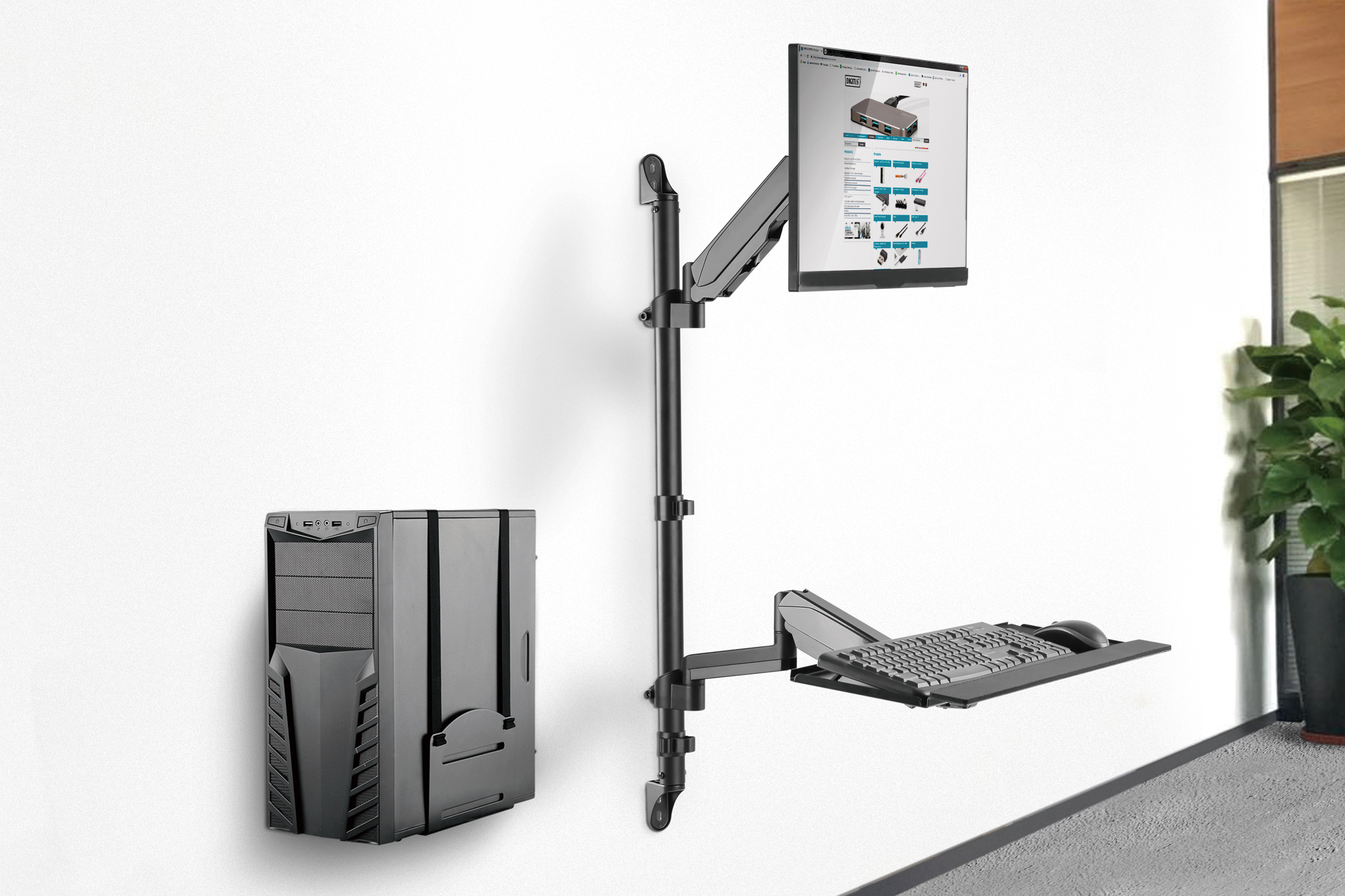 DIGITUS Flexibler Steh-/ Sitz-Arbeitsplatz zur Wandmontage, Single Monitor