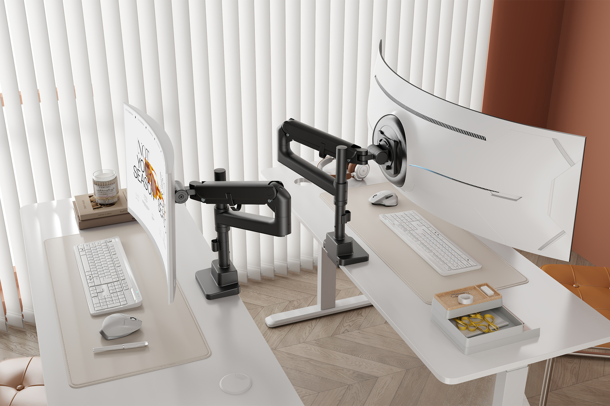 monitorarm, zwei monitor, schreibtisch-setup, weißer schreibtisch, ergonomisch