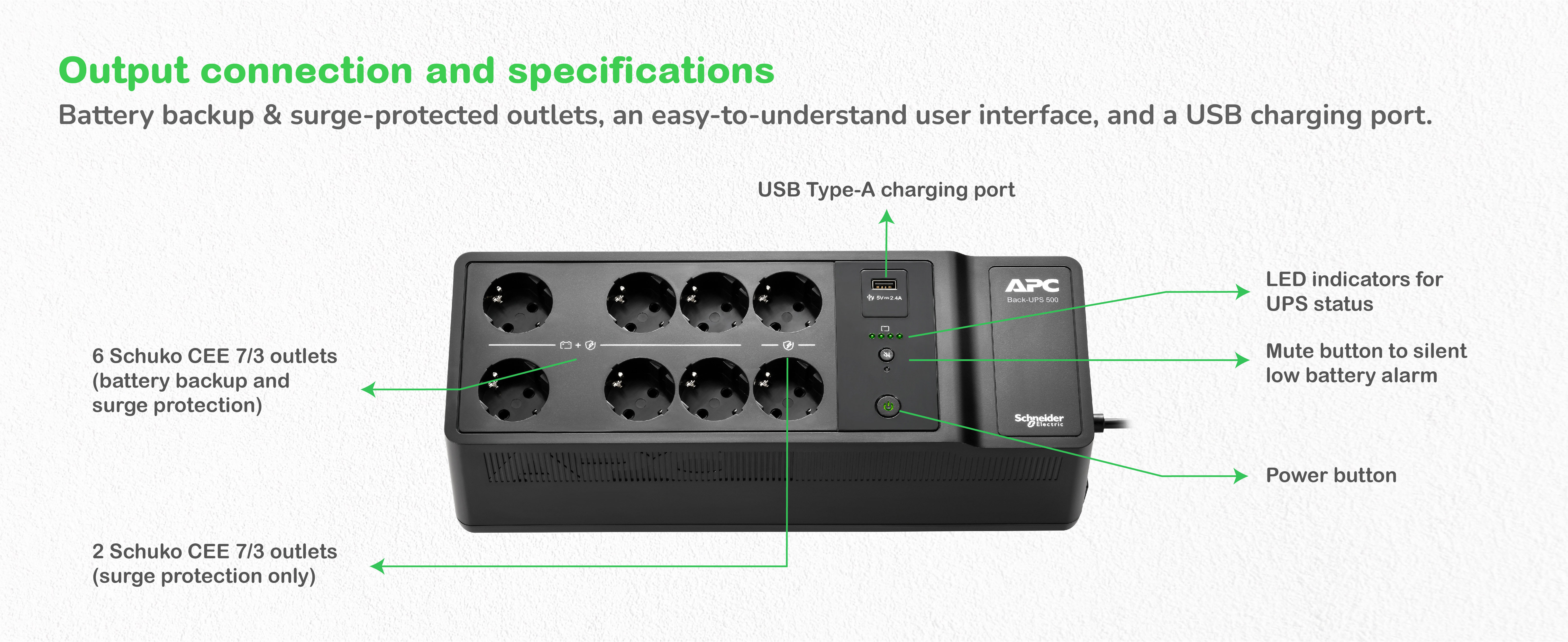 APC BE500G2-GR - APC Back-UPS, 500VA/300W Boden-/Wandmontage, 230V, 8x CEE 7/3 Schuko, USB Typ A