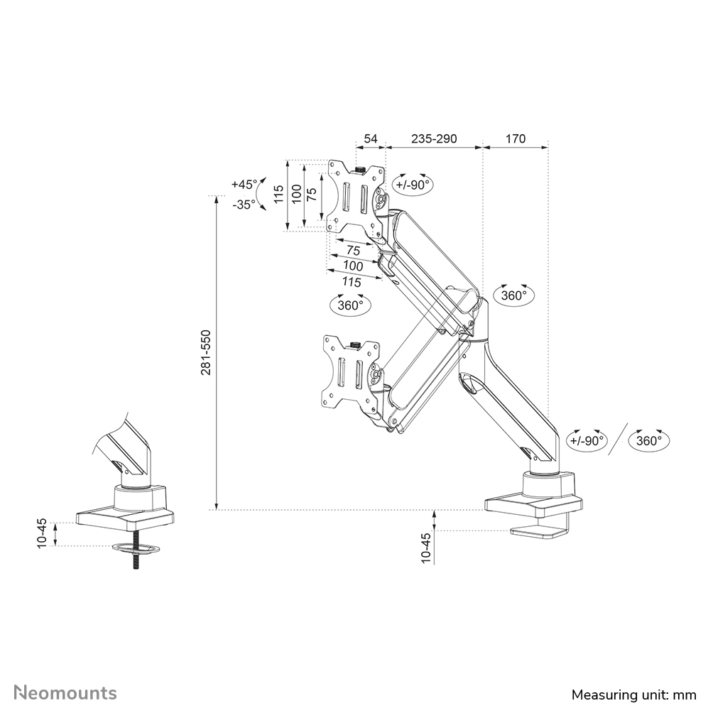 Neomounts Monitor-Tischhalterung - Klemme /Bolzen - 15 kg - 43,2 cm (17 Zoll) - 106,7 cm (42 Zoll) - 100 x 100 mm - Schwarz