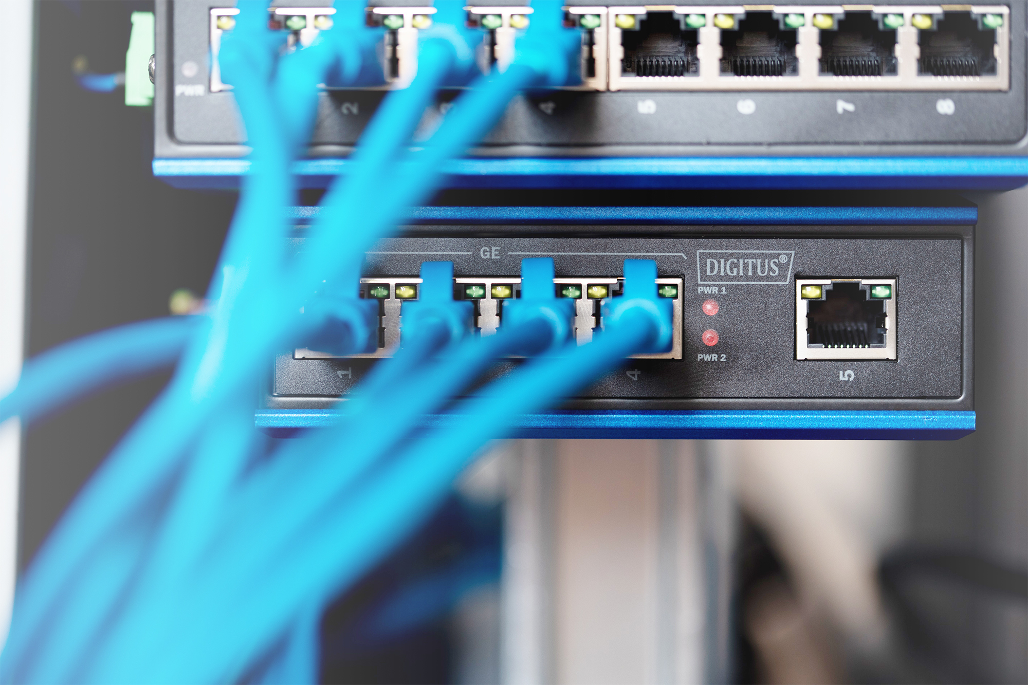 Netzwerk-Switch, Ethernet-Ports, blaue Kabel, Rackmontiert, LED-Anzeigen