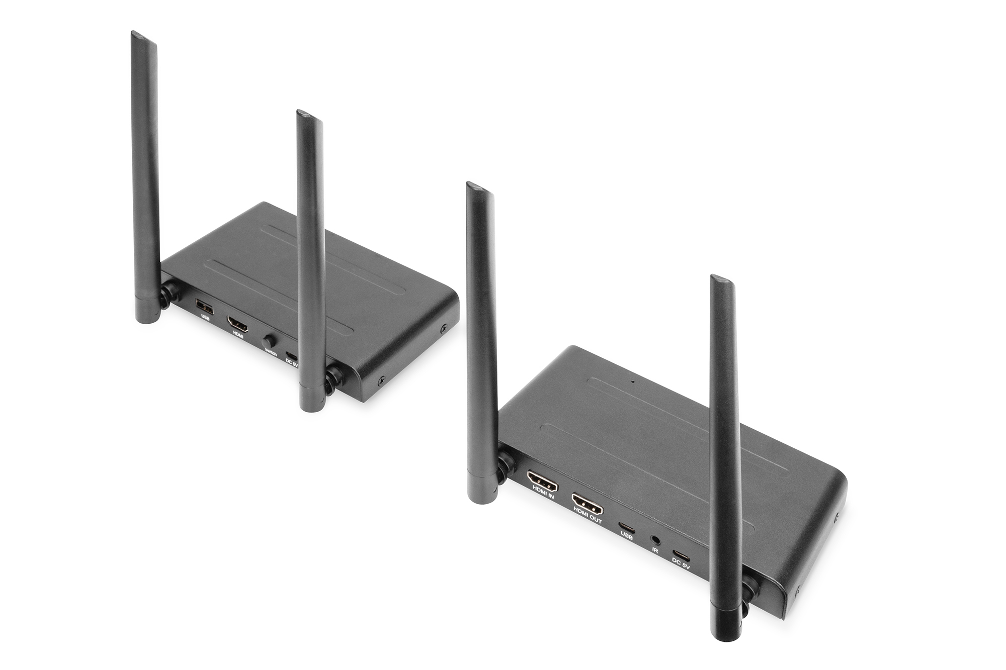 HDMI-Funkübertragung, Sender und Empfänger, vier Antennen, HDMI-Anschlüsse, schwarzes Gehäuse