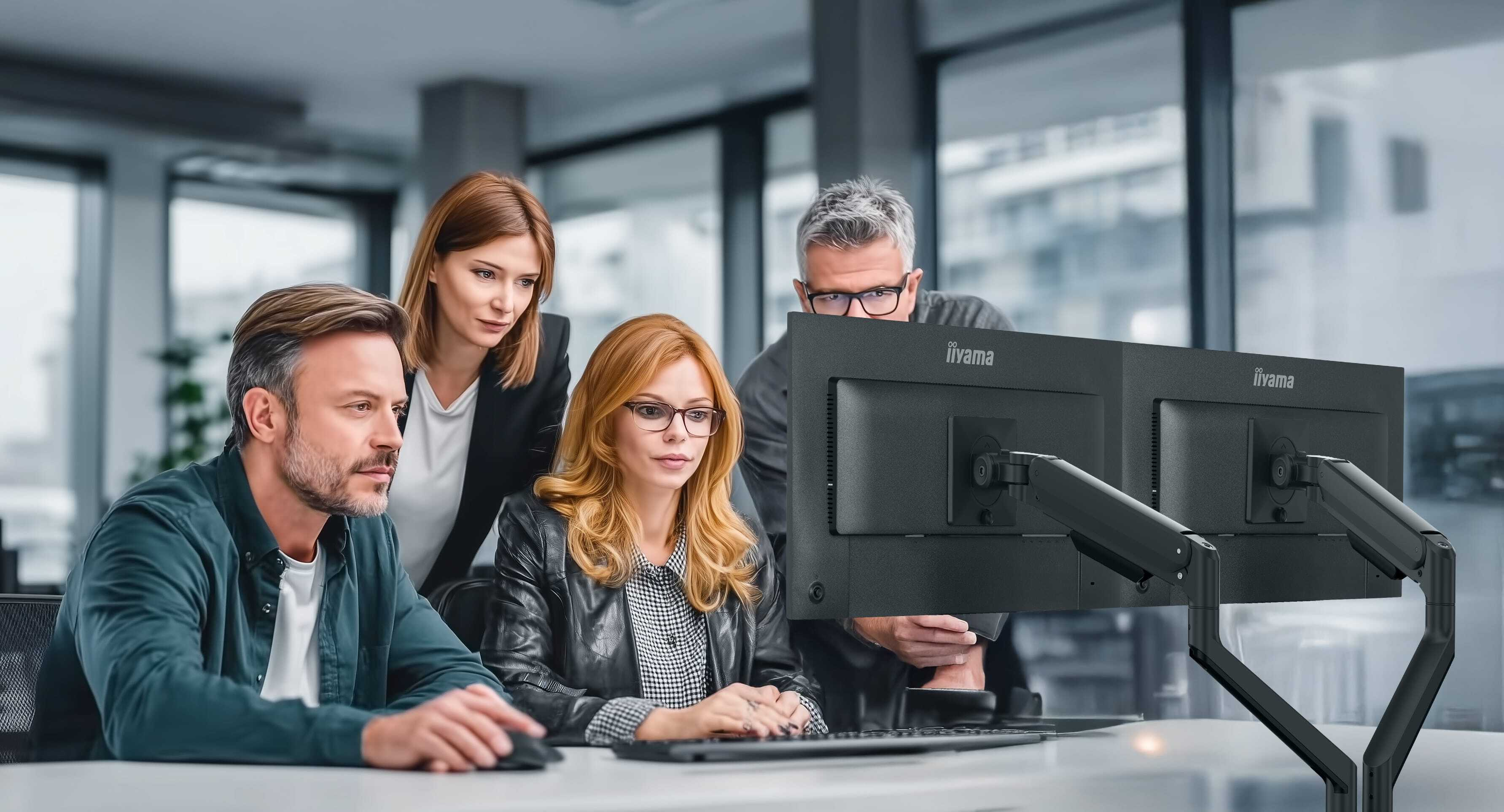 monitor, duales Display, ergonomischer Ständer, Büro, Teamarbeit