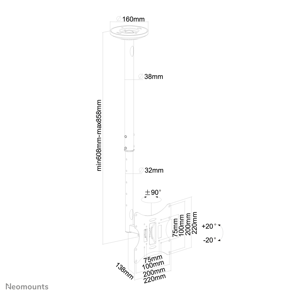 Neomounts Monitor-Deckenhalterung - 30 kg - 25,4 cm (10 Zoll) - 101,6 cm (40 Zoll) - 75 x 75 mm - 200 x 200 mm - 500 - 850 mm