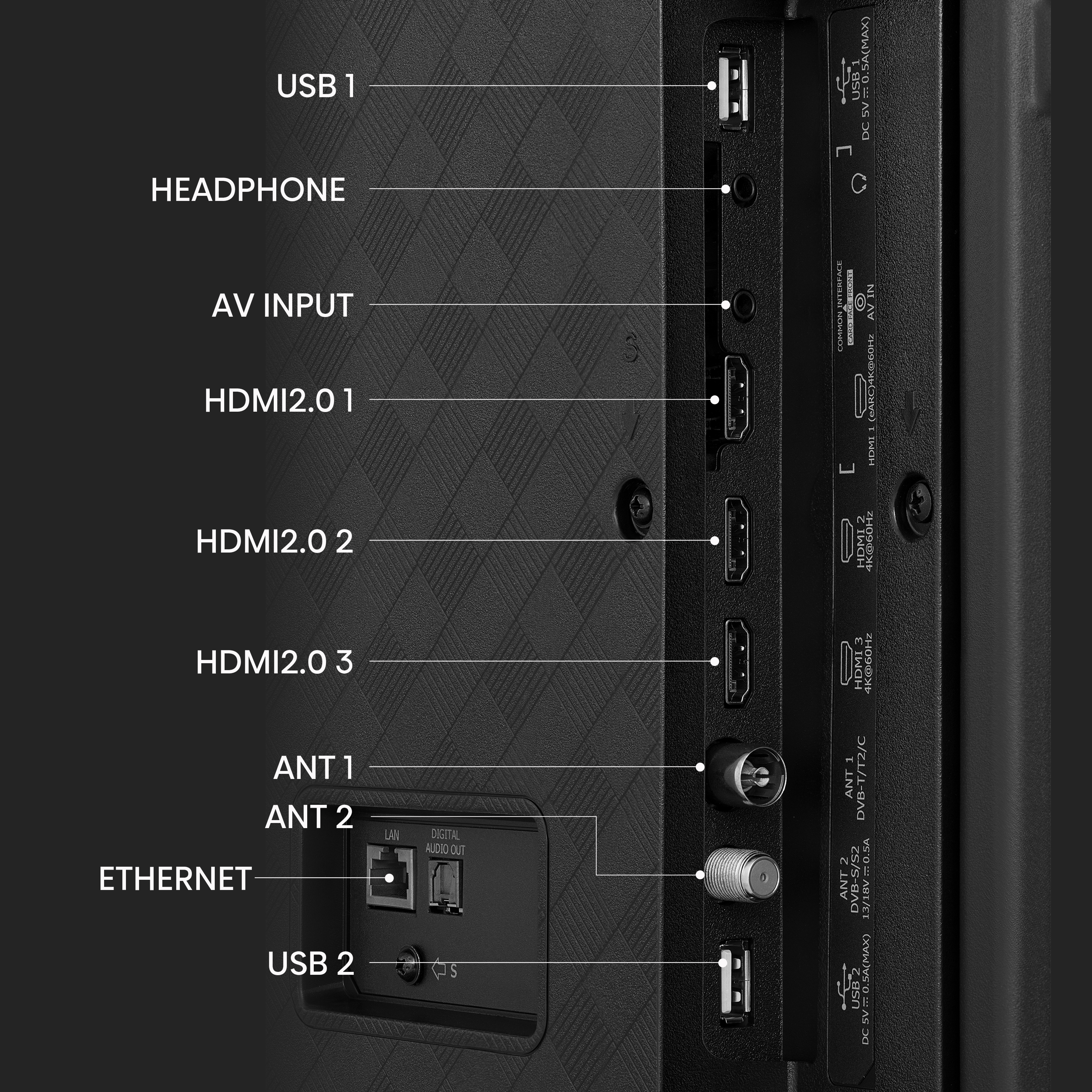 HDMI Anschlüsse, USB Anschlüsse, Ethernet, Antennen, AV Eingang
