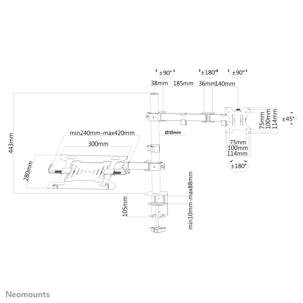 Neomounts Monitor-/Notebook-Tischhalterung - Klemme /Bolzen - 8 kg - 25,4 cm (10 Zoll) - 81,3 cm (32 Zoll) - 100 x 100 mm - Schwarz