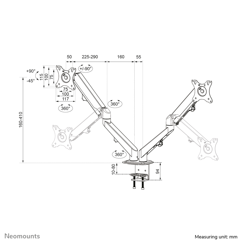 Neomounts Monitor-Tischhalterung - Klemme - 7 kg - 43,2 cm (17 Zoll) - 68,6 cm (27 Zoll) - 100 x 100 mm - Schwarz